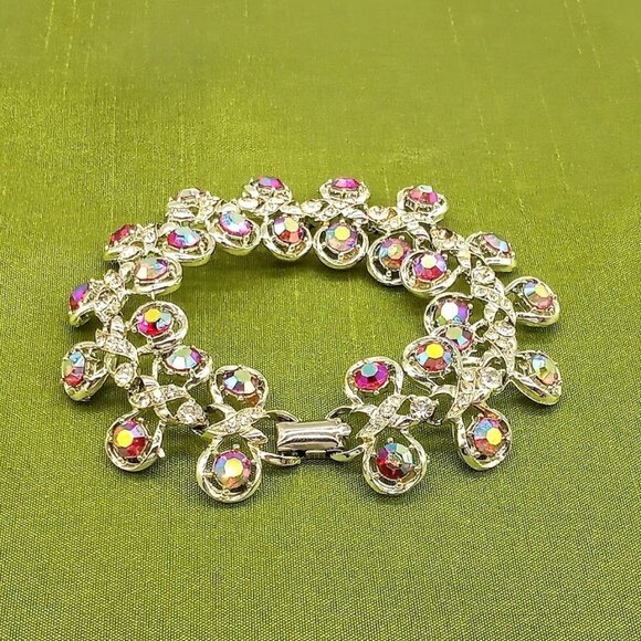Aurora Borealis Rhinestone Link Silver Bracelet - Picture 4 of 5